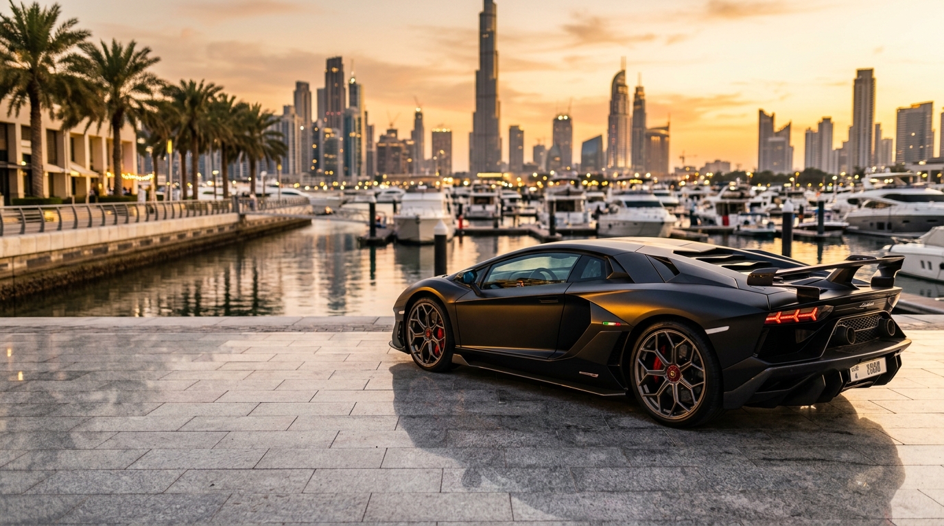 Exotic luxury supercar at sunset in Dubai Marina