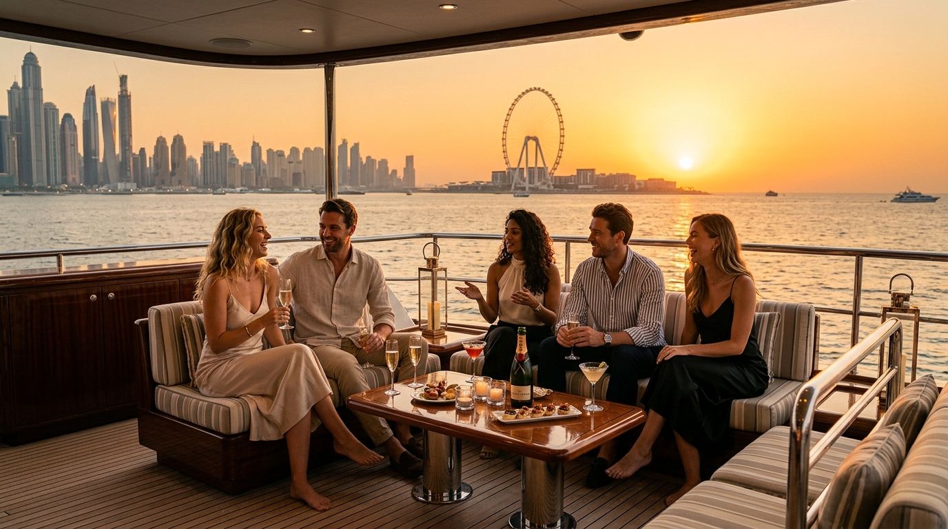 Chic guests enjoying sunset sharing cruise facing Ain Dubai
