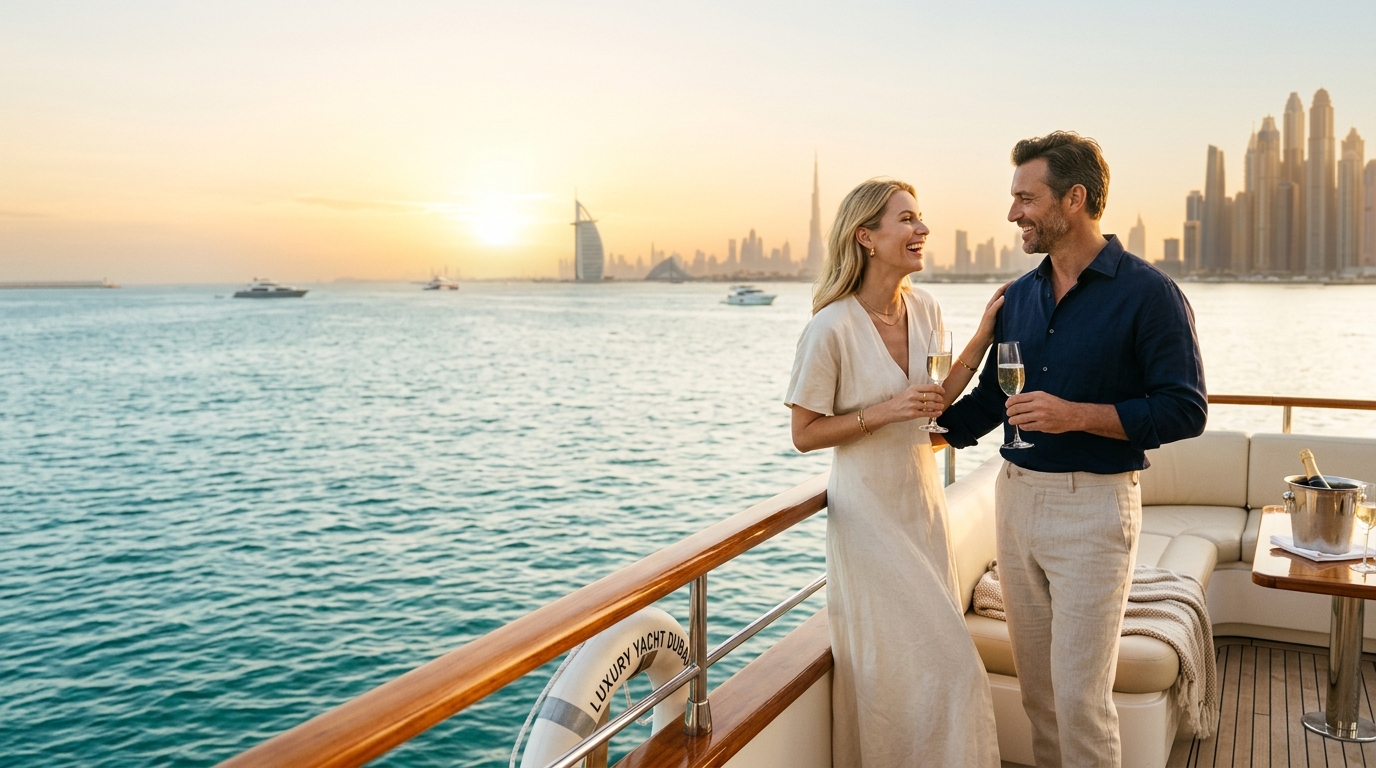 Couple celebrating with champagne on luxury yacht bow