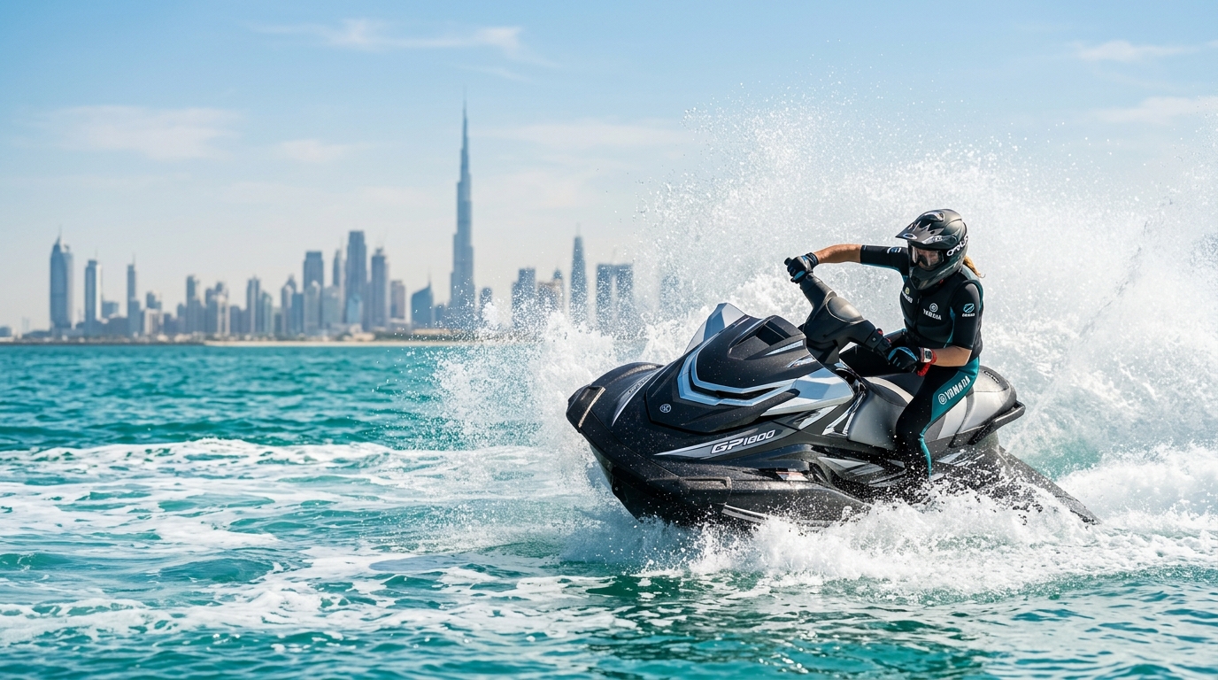 Dynamic jet ski carving spray in front of Dubai skyline