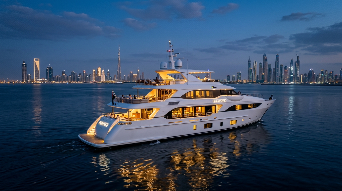 FAM Tours luxury superyacht illuminated at dusk in Dubai