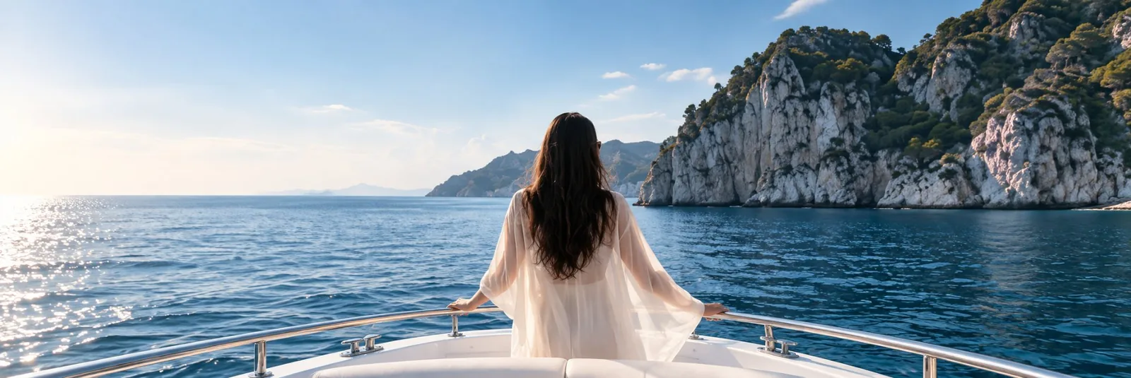 Guest at the bow of a FAM Tours yacht